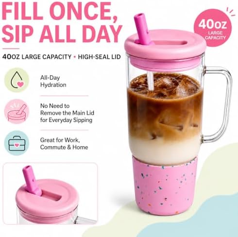 40oz Glass Tumbler with Flip Straw Lid, Handle, Silicone Sleeve, Pink