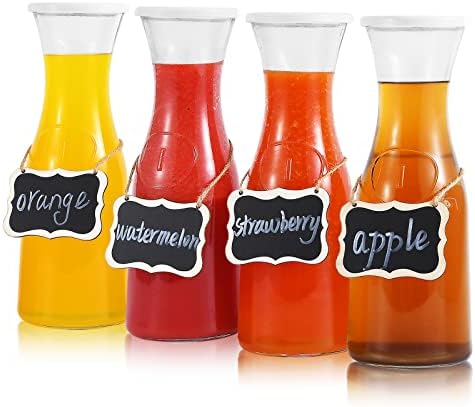 Set of 4 Glass Carafe with Lids, 1 Liter Beverage Pitcher Carafe for