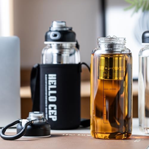 34oz Glass Water Bottle with Capacity Mark & Sleeve, BPA-Free Tea