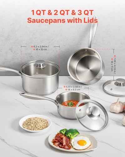 VEVOR Stainless Steel Saucepan Set, 1 QT & 2 QT & 3 QT Saucepans with Glass Lids, Multipurpose Nonstick Stainless Steel Sauce Pot with Ergonomic Handle, Friendly for Oven, Dishwasher, Induction Cooker