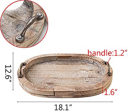 Modern Oval Wood Tray, Rustic Distressed Brown with Gold Handles