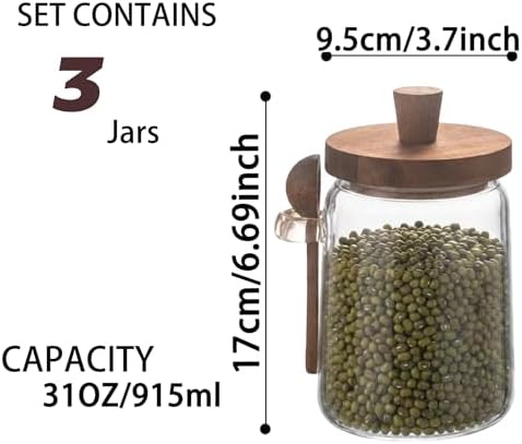 Set of 3 Glass Jars with Wooden Lids and Scoops, 31oz Coffee Food