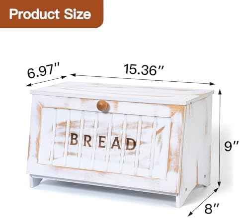 DAOYOUSKY Bamboo Bread Box for Kitchen Countertop, White Vintage Wooden Counter Breadbox, Single Layer Rustic Wood Large Capacity Bread Storage Container Bin