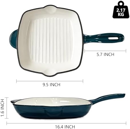 Enameled Cast Iron Steak Grill Pan, Square Skillet with Drip Spout, Oven-Safe & Stovetop Safe (Peacock Blue, 9.5 inch)