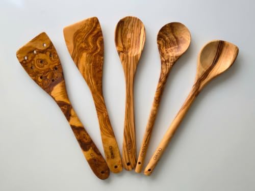 OLIVIKOTM 100% Olive Wood HANDMADE 5 Spoon Set | Ideal for Nonstick