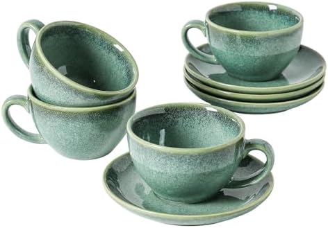 Henten Home Ceramic Latte Cups with Saucers, Coffee Cup Set of 4