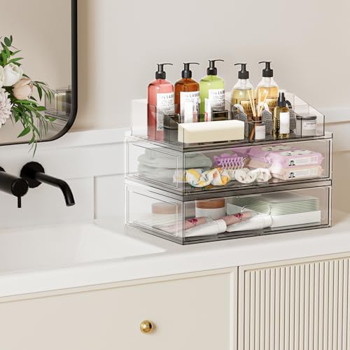 Clear Stackable Makeup Organizer with Drawer, 12''W Acrylic Storage