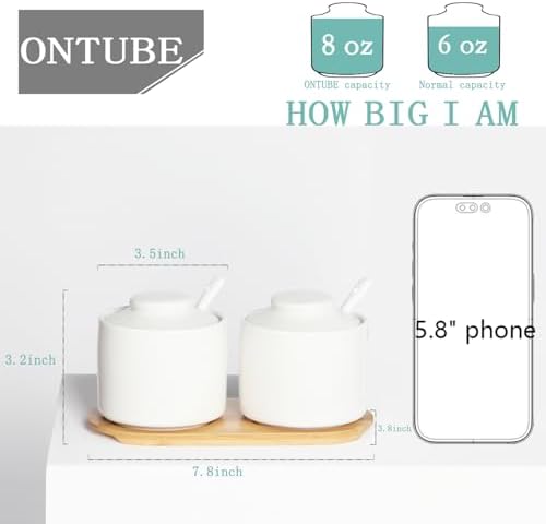 ONTUBE Ceramic Sugar Bowl with Tray and Spoon Set of 2, 8oz (White)