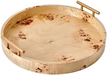 Round Burlwood Tabletop Tray with Gold Handles, 1.75" x 15.75"