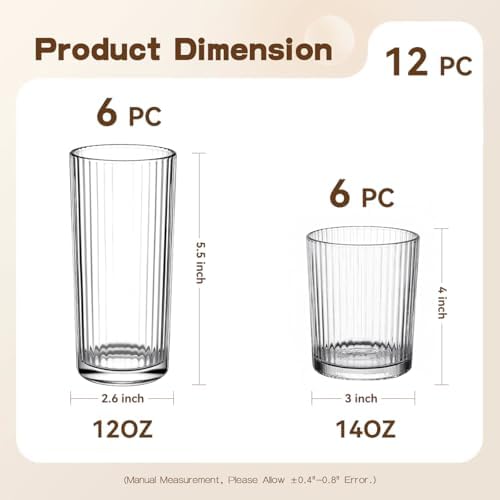 12PCS Ribbed Drinking Glasses - 6 Highball Glasses 8oz, 6 Rocks Glass