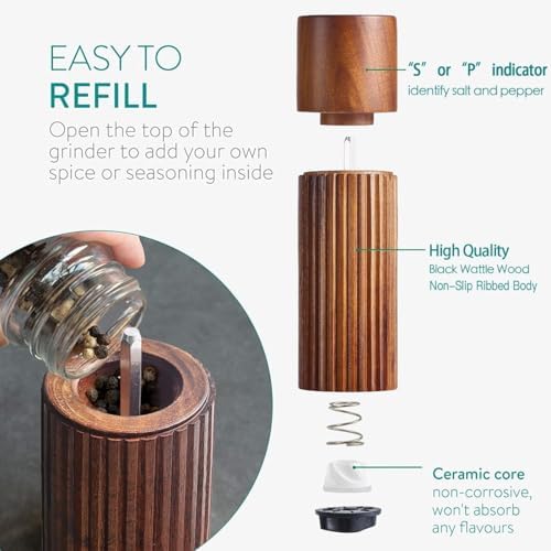 Acacia Wood Salt and Pepper Grinder Set with Matching Tray