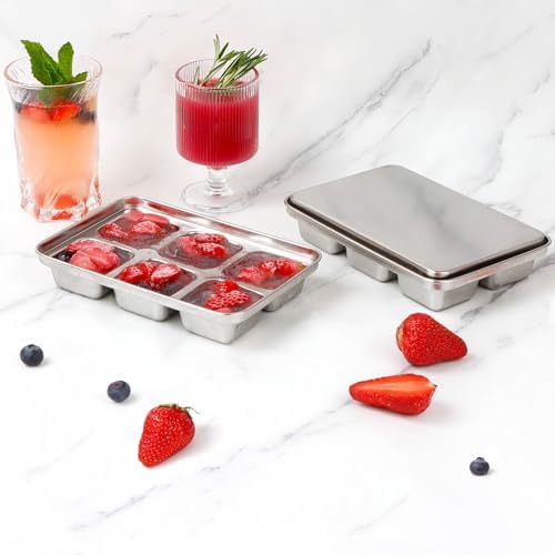 Ice Cube Tray with Lid, 2 Pack 12 Large Cubes, Stainless Steel Ice