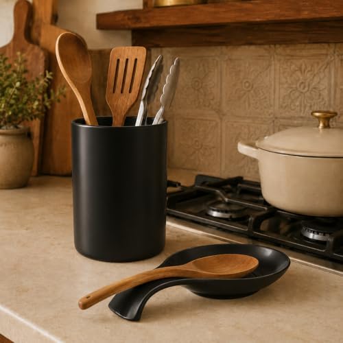 Ceramic Spoon Rest for Stove Top, Black Spoon Holder for Kitchen