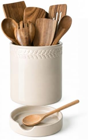 DOWAN 6.7'' Ceramic Utensil Holder with Drain Tray for Wooden Spoons