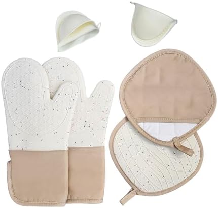 Silicone Oven Mitts, 6-Piece Set, Beige