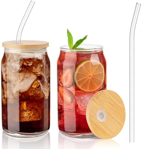 Glass Cups with Lids and Straws, 16 Oz - Set of 2 Reusable Iced Cold