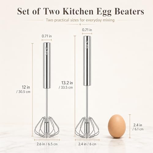 Stainless Steel Semi-automatic Egg Whisk, 2 Pack 7.9in & 11.8in Hand