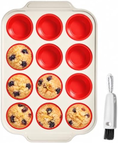 BRONYPRO Silicone Muffin Pan for baking, 12-Cup, Warm Oat and Classic