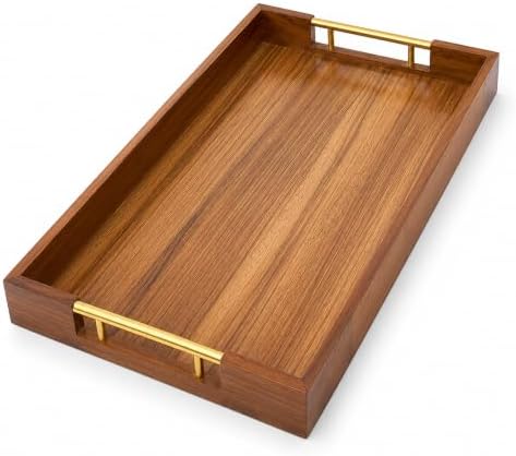 Acacia Wood Serving Tray with Gold Handles – Coffee Table & Ottoman