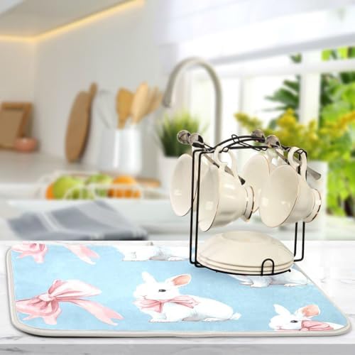 OTVEE White Rabbit Art Dish Drying Mat for Kitchen Counter Absorbent