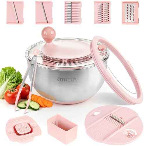 Stainless Steel Salad Spinner Large, Vegetables Fruits Wash Bowl with Strainer, Lettuce Spinner Dryer with Lid and 5 Blades Slicer, Egg Yolk Strainer, Shredder for Efficient Salad Preparation 5.3Qt
