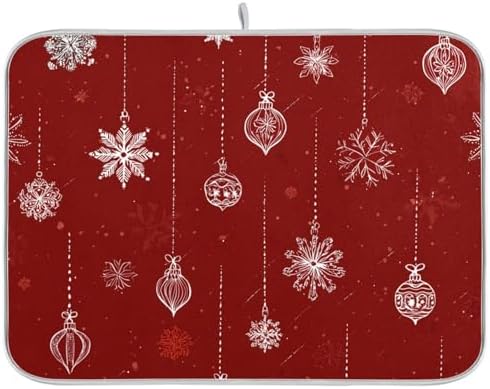 OTVEE Festive Red Ornaments Dish Drying Mat for Kitchen Counter