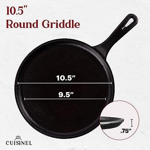Cast Iron Round Griddle - 10.5”-Inch Crepe Maker Pan + Silicone Handle