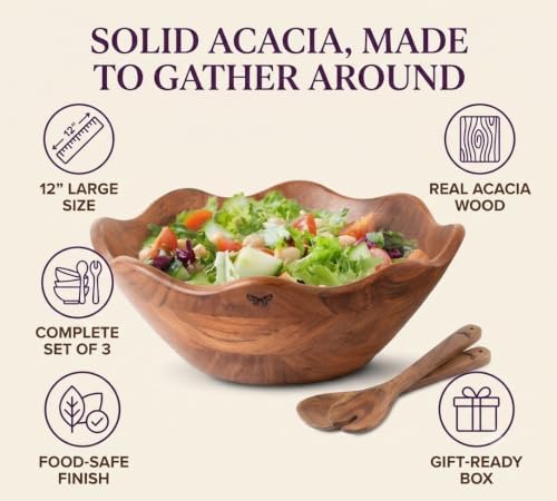 Melvvi Wooden Salad Bowl Set, Large 12 Inch Acacia Serving Bowl