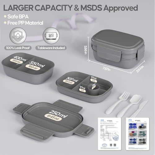 Adults Bento Lunch Box Set with Lunch Bag, Grey
