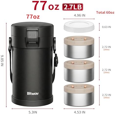 77oz Stainless Steel Insulated Food Jar, 3 Tier Stackable Bento Lunch