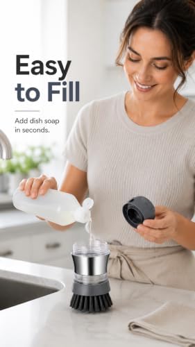 Soap Dispensing Palm Dish Brush, Stainless Steel, Gray
