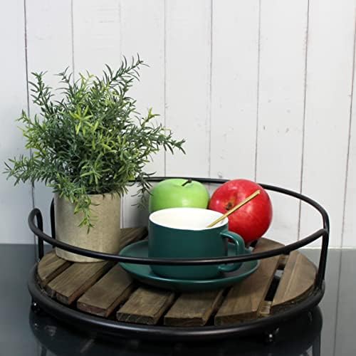 CVHOMEDECO. Farmhouse Tray Round Wood Plank Serving Tray with Metal