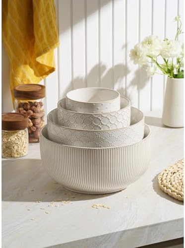 Mikiegy Ceramic Mixing Bowls Set of 4, Nesting Ceramic Embossment