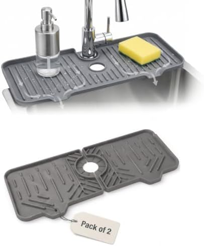 Sink Splash Guard [2-Pack, Grey] - 14.6" Silicone Faucet Mat for