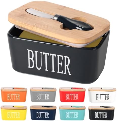 Ceramic Butter Dish with Bamboo Lid and Stainless Steel Knife Spreader