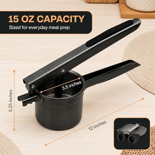 Potato Ricer Stainless Steel (15 oz, Black) - Heavy Duty Potato Masher