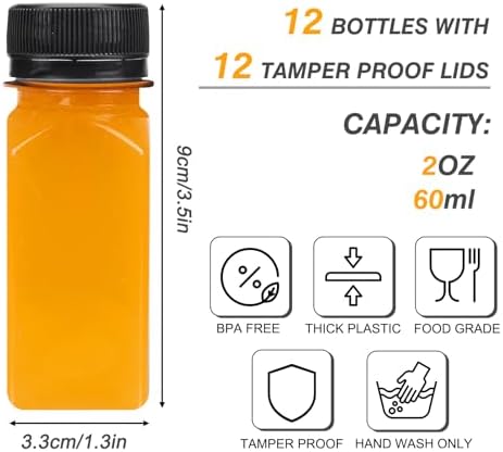 TOMNK 12 Pack 2 OZ Plastic Shot Juice Bottles with Caps, Sticker