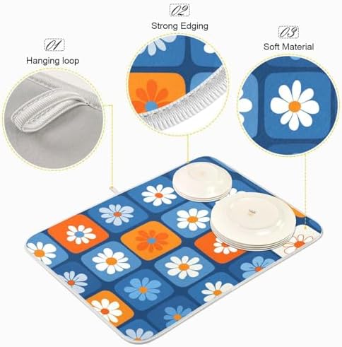 OTVEE Checkerboard Bloom Print Dish Drying Mat for Kitchen Counter