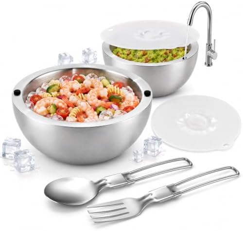Chilled Serving Bowls with Silicone Lids, 18 oz & 35 oz Stainless Steel Dip Chiller Set to Keep Food Cold, Double Wall Freezer Bowls with Spoon and Fork for Parties, Salads and Seafood