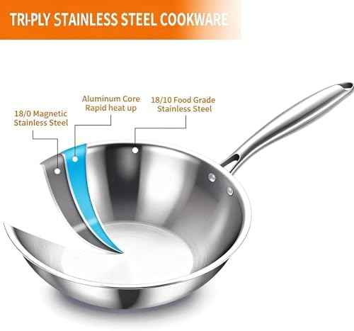 DELARLO Tri-Ply Stainless Steel Woks, 12 Inch Healthy Non-Toxic Cooking Wok Pan with Lid, Wide & Deep Cookware Stir-Fry Pans, Dishwasher and Oven Safe Up To 600°F, Works on Induction，Detachable Handle