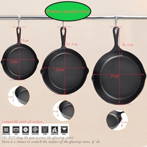 La Cuisine Pre Seasoned Cast Iron Skillet Set, 3 Piece Frying Pans (15 cm, 19 cm, 25 cm) Naturally Non Stick for Frying Grilling Sautéing Searing & Baking, GlassTop PFOA Free
