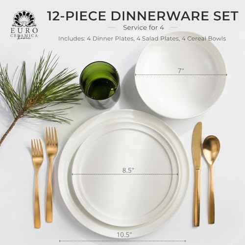 Lafayette St. Fine Bone China 12 Piece Dinnerware Set, Service For 4; Elegant Lightweight Ivory White Plates & Bowls with a Gloss Finish; Microwave & Dishwasher Safe