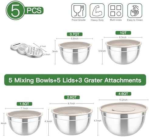 TeamFar Mixing Bowls with Lids, 5PCS Stainless Steel Metal Salad Bowl