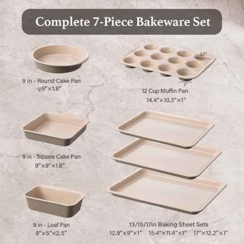 Carote 7Pieces Baking Pans Set Nonstick, Premium Carbon Steel Non Toxic Stackable Bakeware Sets for Kitchen, Scratch-Resistant, Oven Bake Sheets for Baking, Cake Pan, Roasting Pan, Muffin Pan, Brown