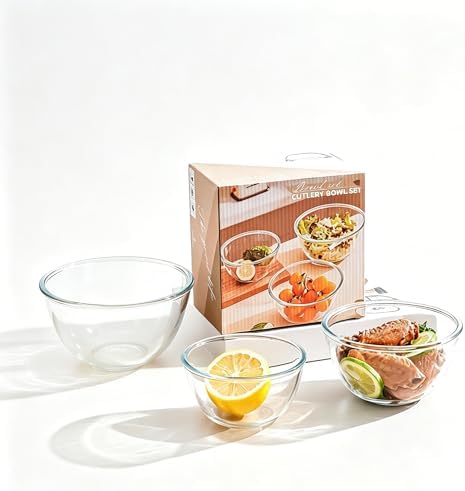 Glass Bowl Set of 3, Deep Sided Salad & Mixing Bowls,Stackable
