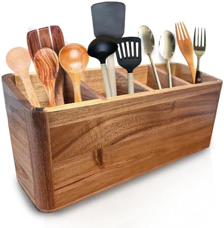 Dstuff Wooden Utensil Holder for Kitchen Counter - Extra Large Kitchen Utensils Holder & Organizer for Countertop - Acacia Wood Cooking Spoon Holder Crock (4 Compartments)
