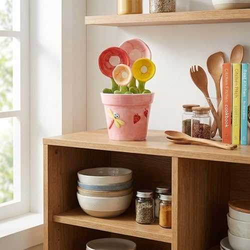 5 Set Ceramic Flower Measuring Spoons with Pot Holder