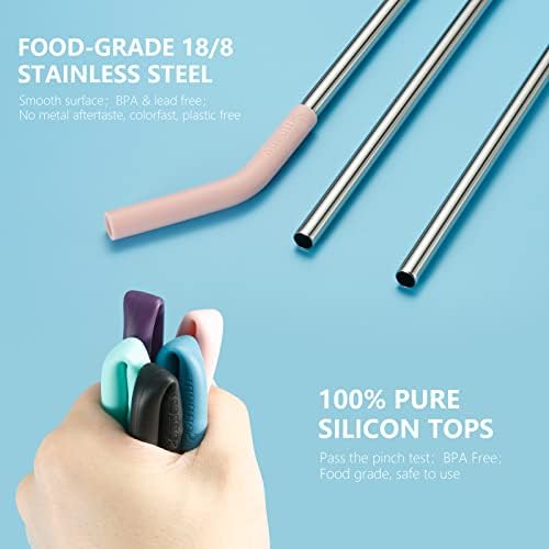 Senneny Set of 5 Stainless Steel Straws with Silicone Flex Tips Elbows