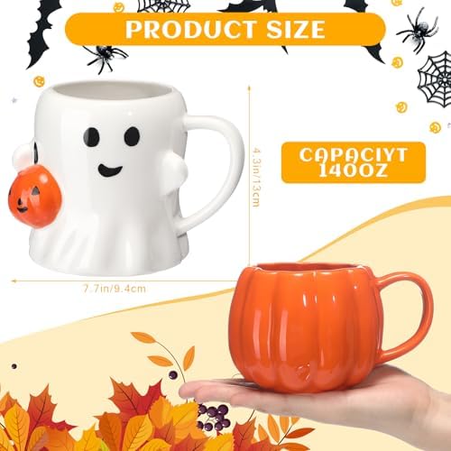 LemonRoad 2 Pcs 14 oz Halloween Ceramic Mugs, 3D Ghost Pumpkin