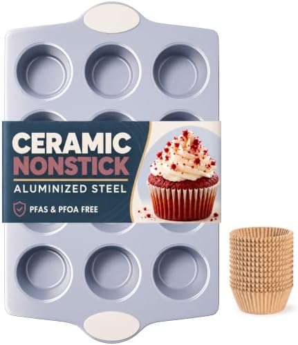 BRONYPRO Ceramic-Coated Nonstick 12-Cup Muffin Pan with 120 Liners
